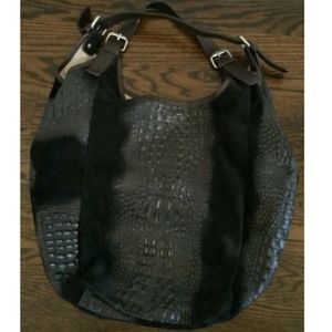BLACK BROWN LEATHER CROC EMBOSSED HOBO TOTE BAG